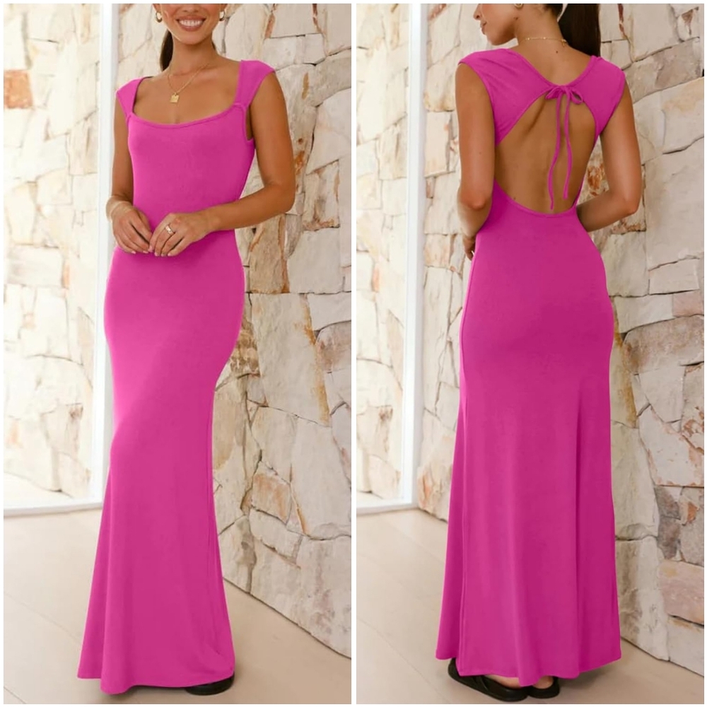 NWT Kunmi Hot Pink Scoop Open Back Sleeveless Long Barbie Bodycon Maxi Dress S